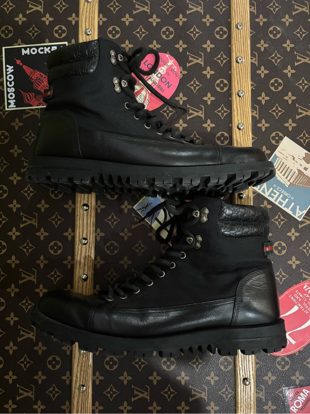 Gucci Men's Black Leather Lace-Up Ankle Combat Lug Sole Boots Round Toe